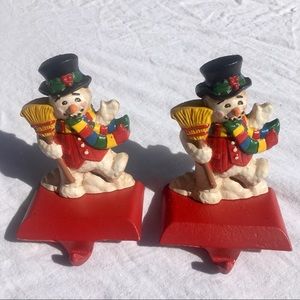 2 Cast Iron Christmas Snowman Stocking Holders EUC
